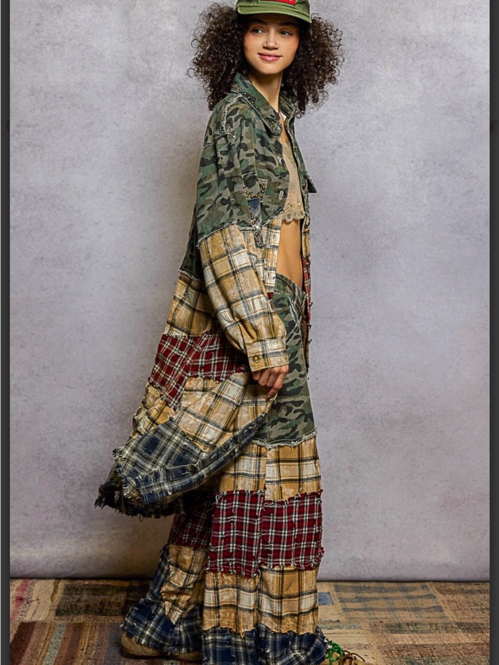 POL Camo Plaid Patchwork 2-Piece Set: Wide Leg Pants & Maxi Jacket - Picture 4 of 16
